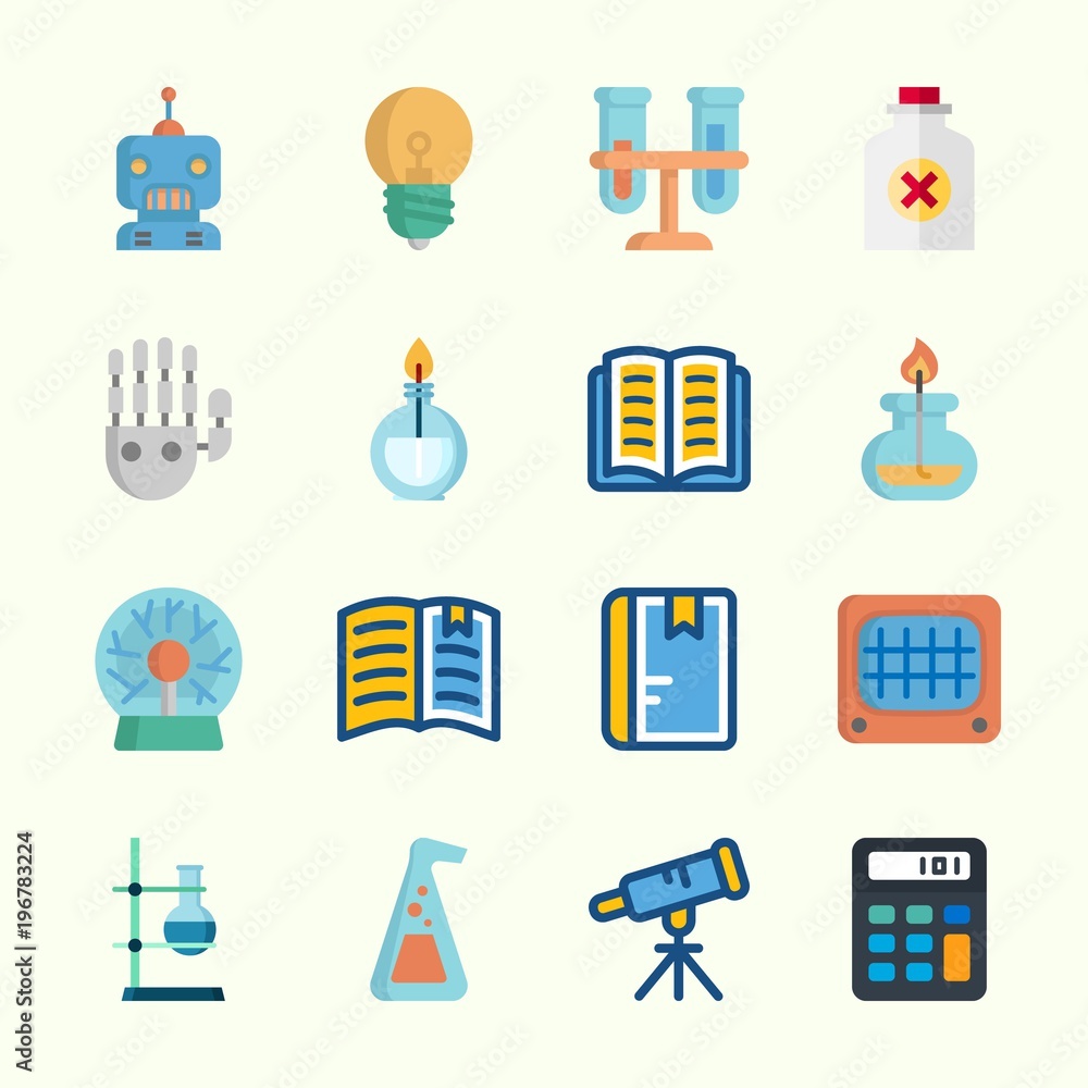 Icons about Science with flask, notebook, calculator, telescope, robot and  plasma ball Stock Vector | Adobe Stock