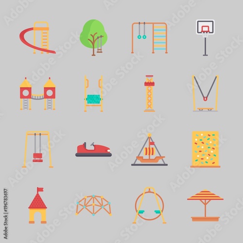 Icons about Amusement Park with bumber car, slide, flambards experience, climbing, basketball and carousel photo