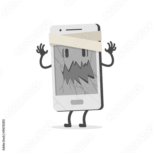Mobile with broken screen. Flat design, vector illustration.