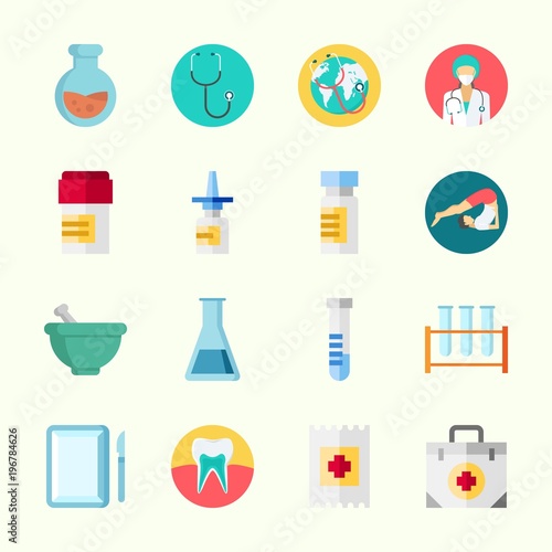 Icons about Medical with worldwide, yoga, band aid, flask, test tubes and first aid kit