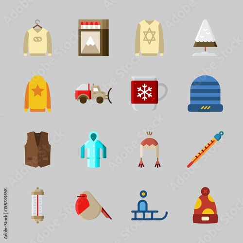Icons about Winter with snowplow, robin, sleigh, matches, sweater and snow
