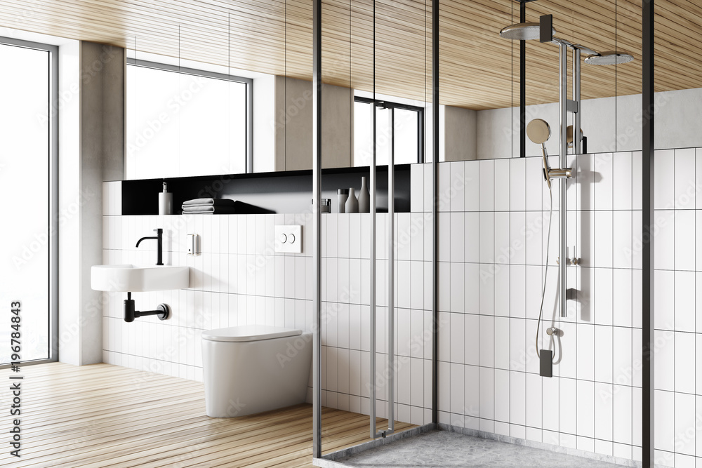 Wooden ceiling bathroom interior side view Wooden ceiling bathroom interior side view