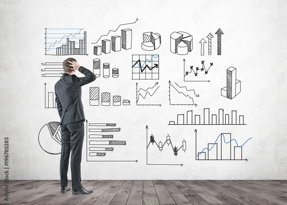 Confused businessman, rear view, infographics Confused businessman, rear view, infographics