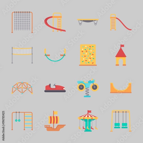 Icons about Amusement Park with motor swing, fun, sailing boat, climbing, slide and jumping flore