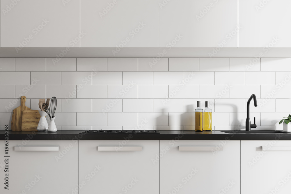 White brick kitchen interior, white counters White brick kitchen interior, white counters
