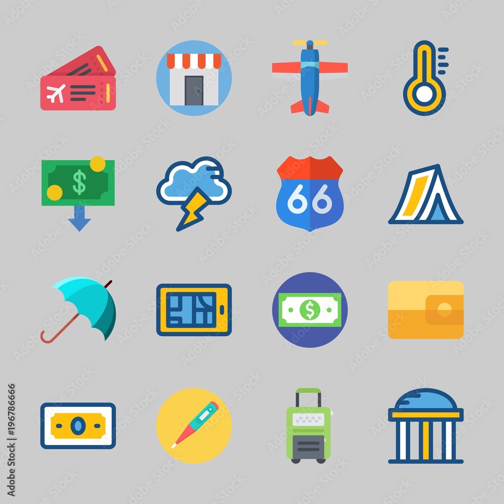 Icons about Travel with storm, money, tent, umbrella, wallet and plane ticket Icons about Travel with storm, money, tent, umbrella, wallet and plane ticket