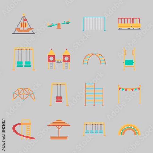 Icons about Amusement Park with playground, carousel, slide, swing , child train and swings