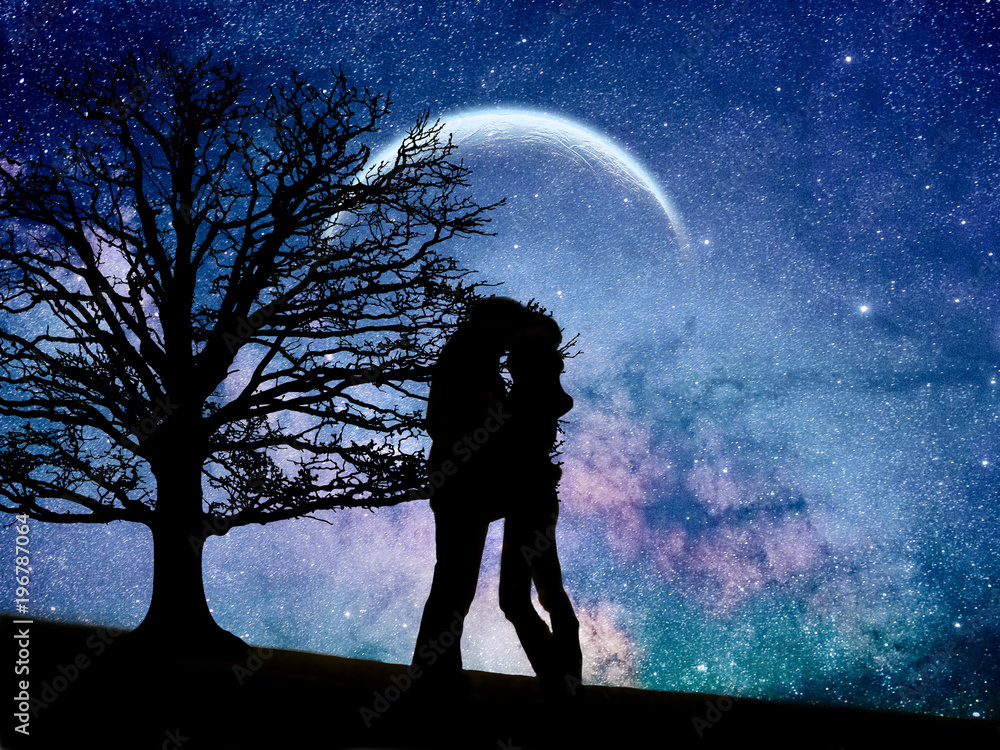 Photomanipulation of a couple in love under the moon and into the galaxy.  Photos | Adobe Stock