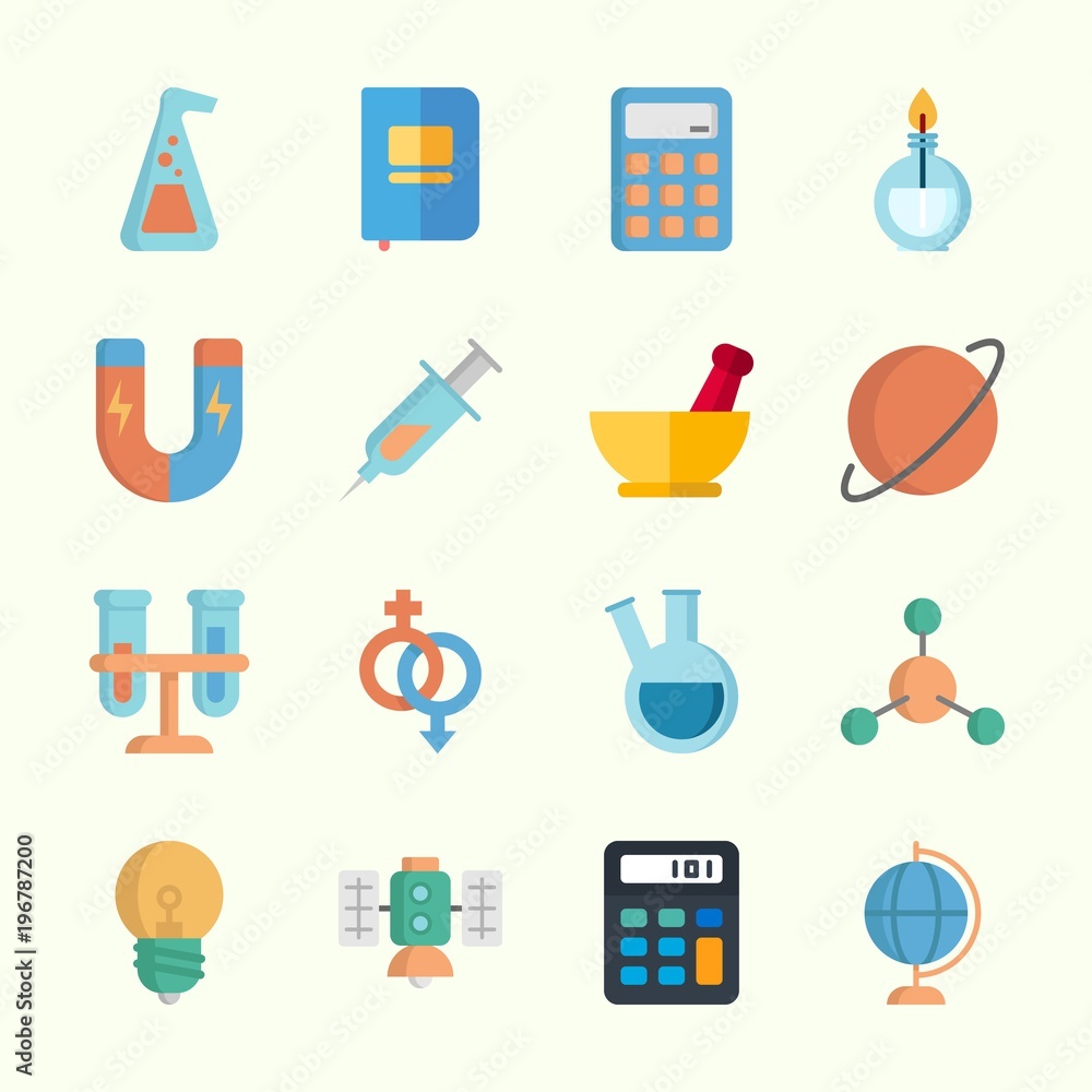 Icons about Science with magnet, gender, earth globe, atom, burner and notebook Icons about Science with magnet, gender, earth globe, atom, burner and notebook
