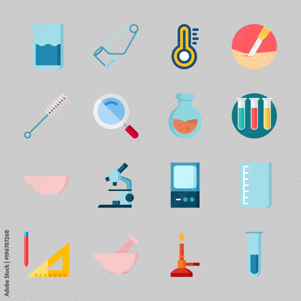 Icons about Laboratory with measuring, surgery, flask, separator funnel, evaporatior dish and lab Icons about Laboratory with measuring, surgery, flask, separator funnel, evaporatior dish and lab