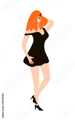 Vector illustration, flat cartoon color silhouette of young redhead girl in black dress isolated on white background