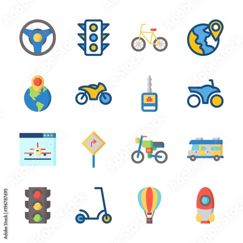 icon Transportation with road sing, traffic light, scooter, rocket and car key
