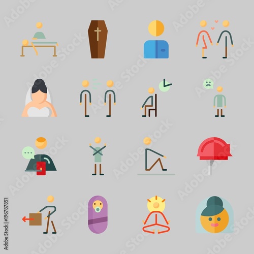 Icons about Human with relaxing, coffin, yoga, stick man, bride and boyfriend