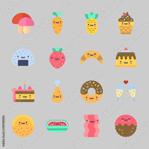 Icons about Food with meatball, bacon, pudding, carrot, donut and pineapple