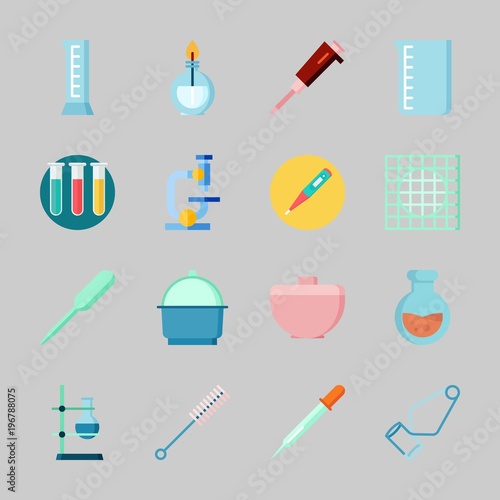 Icons about Laboratory with test tubes, condenser, crucible, burner, cylinder and lab