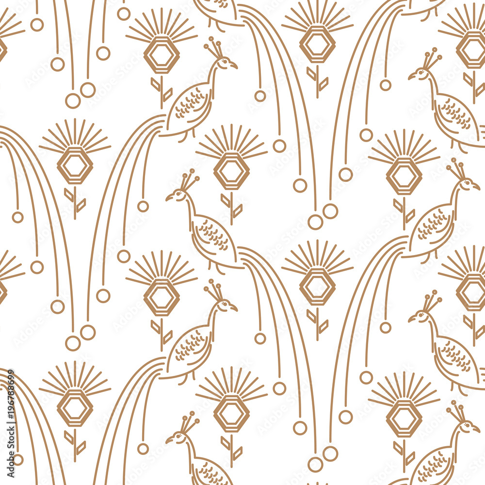 Peacock minimal style seamless vector pattern. Gold line bird with clover flowers repeat elegant texture for print. Peacock minimal style seamless vector pattern. Gold line bird with clover flowers repeat elegant texture for print.