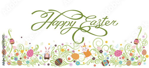 Banner inscription, hand lettering, calligraphy, typography Happy Easter bunny white background