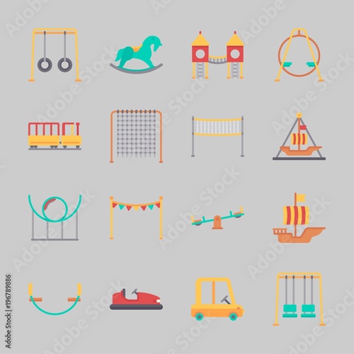 Icons about Amusement Park with child train, toy car, roller coaster, carousel, sailing boat and swings