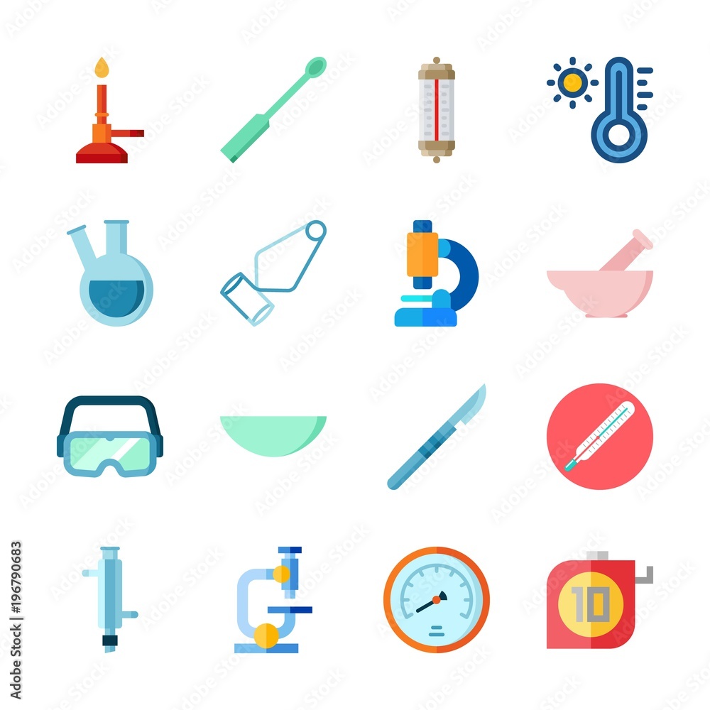 icon Laboratory with watch glass, microscope, surgery, measuring and separator funnel icon Laboratory with watch glass, microscope, surgery, measuring and separator funnel