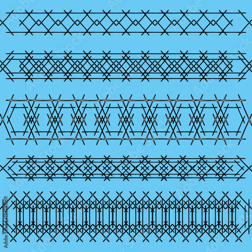 Ornaments of black iron handrails and fences on a blue background. Maritime themes of obstacles and warnings.
