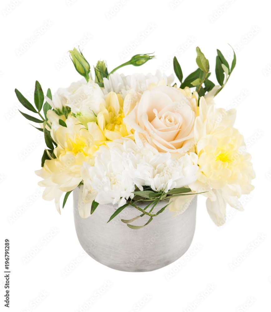 Flowers in tin mug isolated on white Flowers in tin mug isolated on white