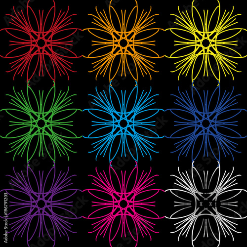 A set of colors from geometric lines in different colors. Bright ornaments on a black background for the design of postcards. 