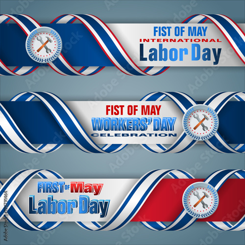Web banners, design background with 3d texts, hammer and wrench for celebration of First May International Workers' day; Vector illustration 