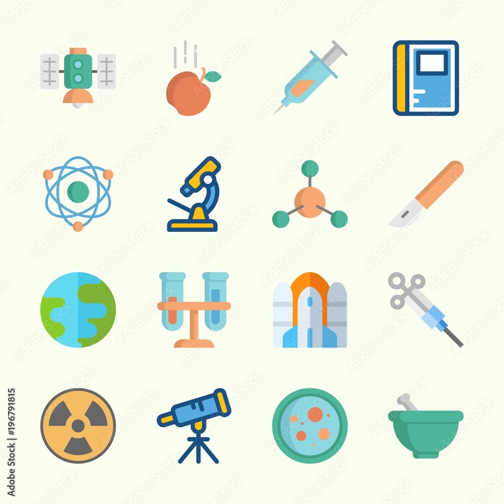 Icons about Science with rocket ship, microscope, gravity, syringe, radiation and mortar Icons about Science with rocket ship, microscope, gravity, syringe, radiation and mortar
