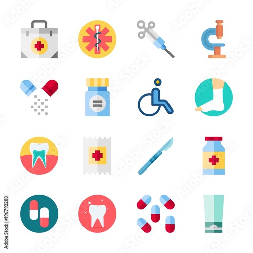 icon Medical with microscope, pill, surgery, sprain and syringe