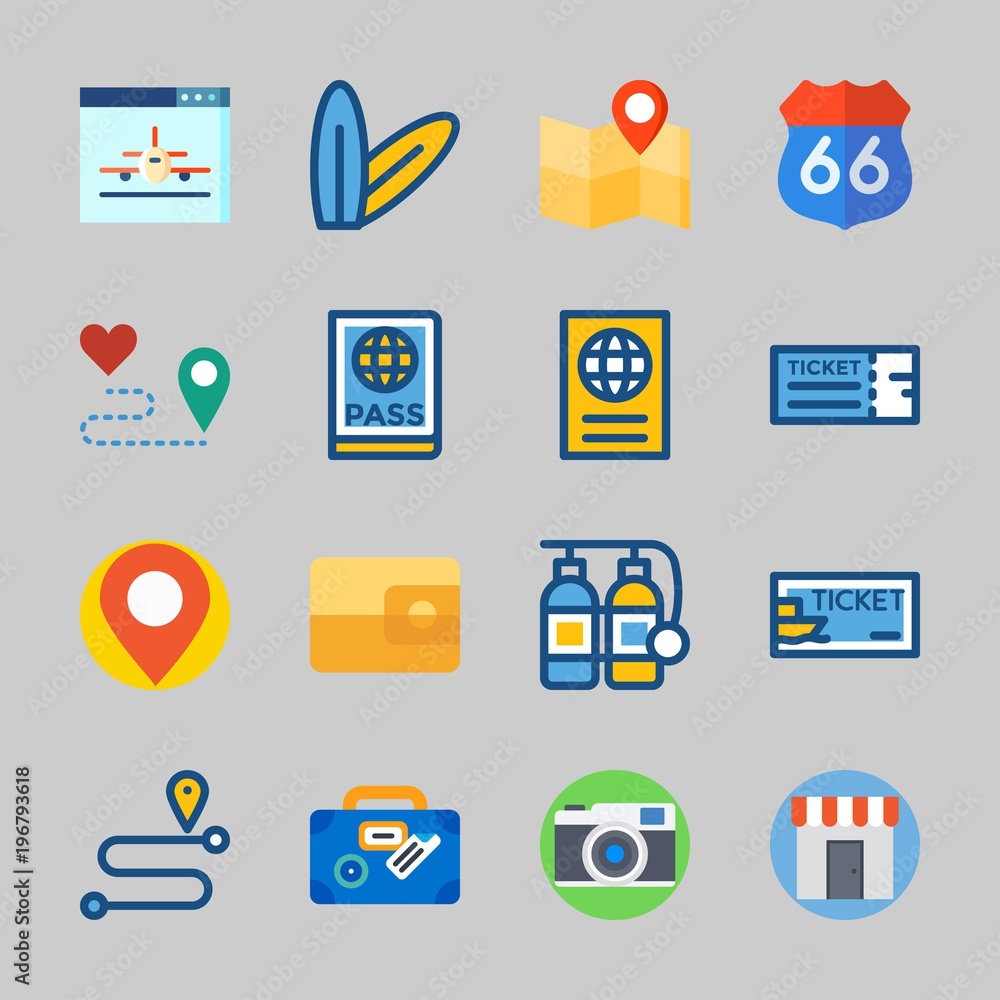 Icons about Travel with surfboard, route, passport, placeholder, ship ticket and location Icons about Travel with surfboard, route, passport, placeholder, ship ticket and location