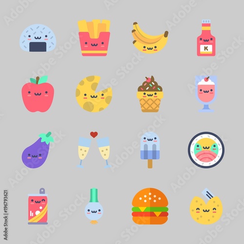 Icons about Food with sushi, popsicle, apple, toast, fries and eggplant