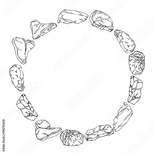 Wreath Round Frame of Popular Steak Types. Beef Cuts Set. For Butcher Shop or Steak House Restaurant Menu. Hand Drawn Illustration. Savoyar Doodle Style. Porterhouse, T-bone, New York Strip, Rib Eye.