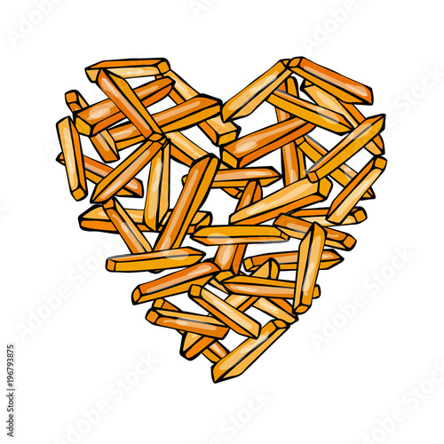 Heart of Potato French Fries. Love Delicious Fried Potatoes Fast Food. Street Junk Food Lover Poster. Hand Drawn Vector Illustration. Savoyar Doodle Style. photo