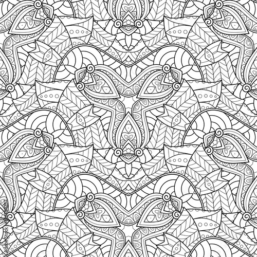 Vector Seamless Monochrome Pattern. Printable Coloring Pages. Hand Drawn Decorative Scales