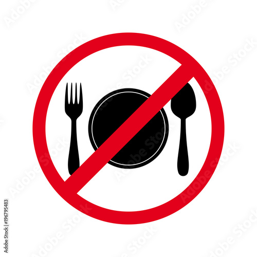 Circular  red and black  No eating allowed  sign. Isolated on white