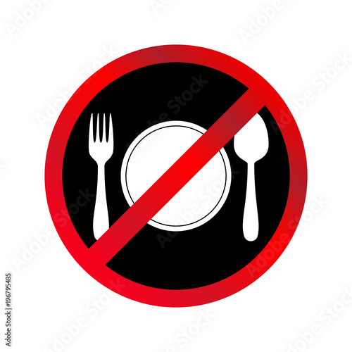 Simple  circular  No eating allowed  sign. Red sign  white silhouette on black. Isolated on white