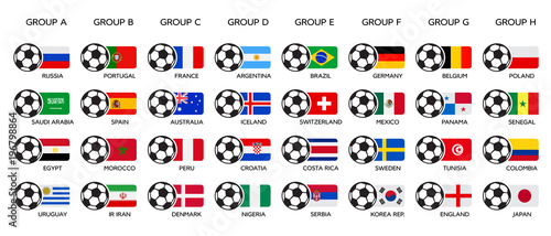 Soccer World Cup 2018. Russia 2018 world cup, team group and national flags. Set of national vector flags