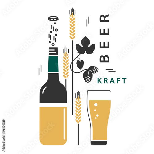 Beer bottle and a glass. Vector linear icons with traditional ingredients of brewing. Hop, wheat. Illustration for the brewery, pub, menu, label, brochure, booklet. Set of isolated elements.