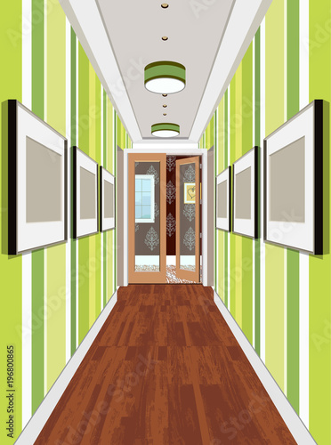 Interior of an internal corridor. Design of an old corridor. Hallway illustration.