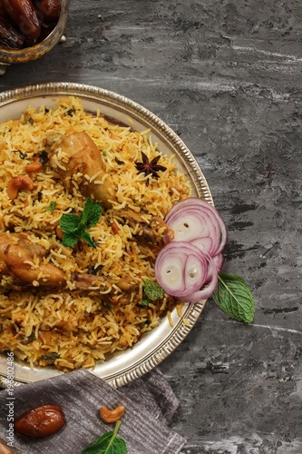 Chicken Kabsa - Homemade Arabian biryani  overhead view photo