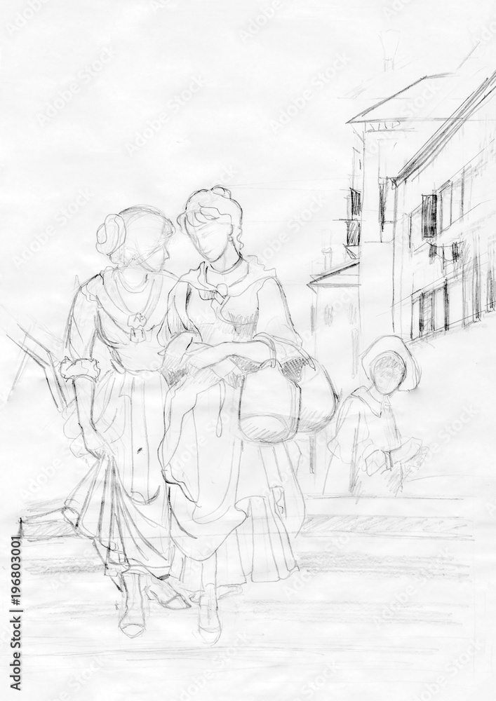 two female townspeople drawing
