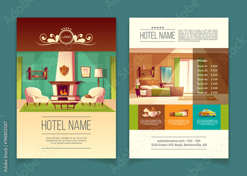 Vector cartoon colorful brochure, advertising leaflet with hotel apartments, rooms with furniture, interior inside. Hostel, guesthouse, motel service list with prices, mockup with front and back sides