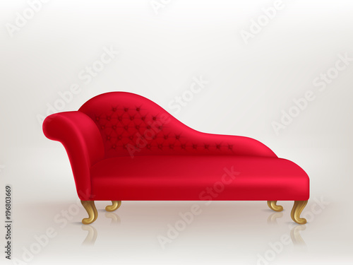 Vector realistic luxurious red sofa with golden carved legs isolated on background. Gilded antique royal couch in victorian style. Object of interior, expensive and exclusive furniture for vip person