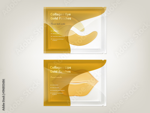 Vector realistic set of patches for lips and eyes with gold and collagen, in disposable sachet isolated on background. Exclusive cosmetic product for skin care and treatment, mockup for package design