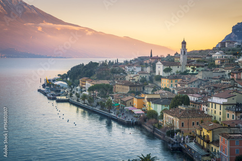 View of Limone sul Garda town during sunset photo