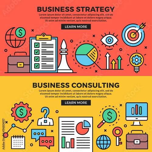 Business strategy, business consulting web banners set. Line art concepts. Creative modern flat design outline graphic elements, line icons, linear symbols, templates. Vector illustration