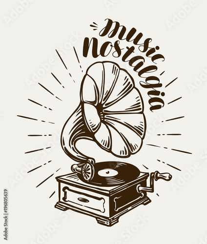 Gramophone, phonograph, record-player sketch. Music concept. Lettering vector illustration