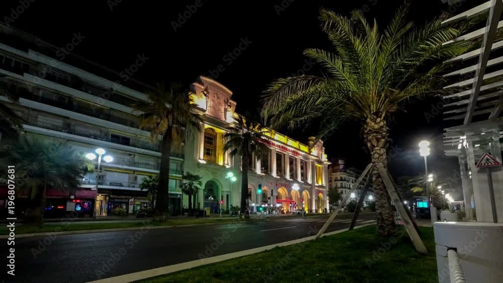 Night illuminated street Nice city traffic road street view 4k timelapse France Night illuminated street Nice city traffic road street view 4k timelapse France