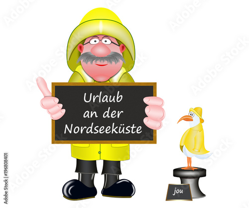 Urlaub an der Nordseeküste, Seemann mit Möwe und Schild, weißer Hintergrund, Freisteller photo