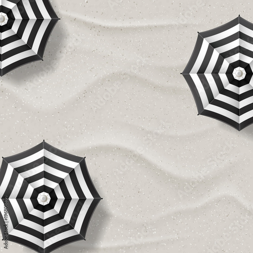 Vector realistic illustration of white sand beach and black white striped umbrellas. Top view summer vacation abstract banner background with place for text